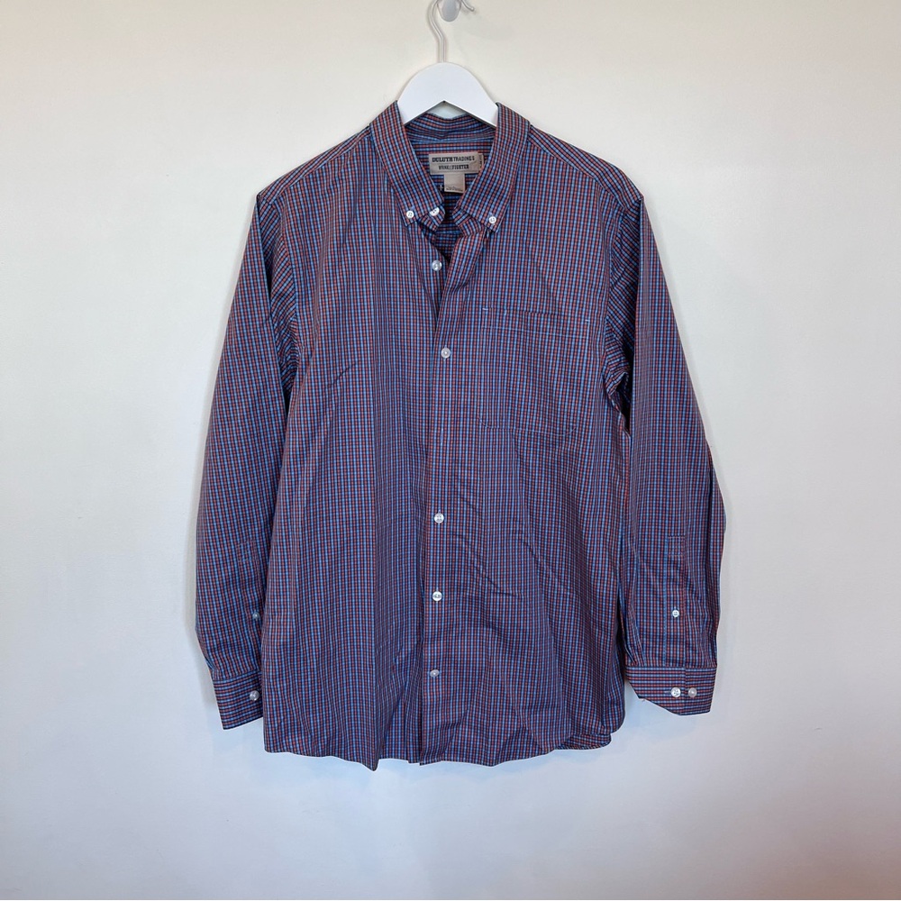 Duluth Trading Mens Large Orange Blue Button-up Business Wrinkle Fighter Slim